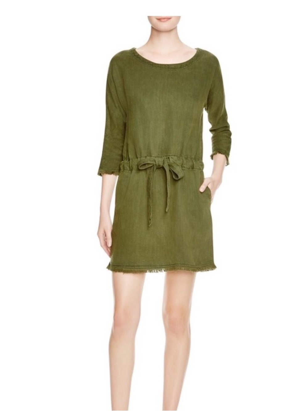 Current/Elliott - Olive Twill Linen Blend Tie Waist Dress w/ Fringe Sz 3 Large